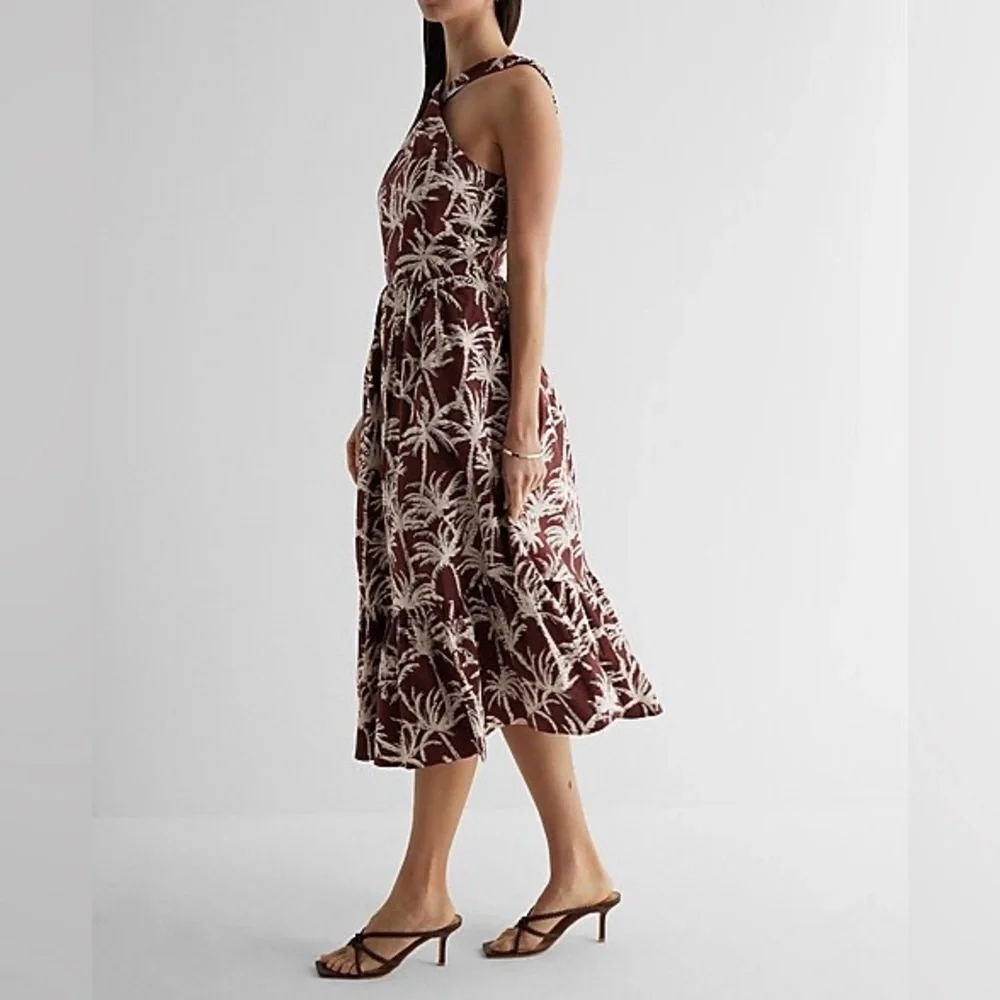 Express Cotton Blend Brown White Tropical Halter Neck Summer Brunch Midi Dress M - Picture 4 of 15